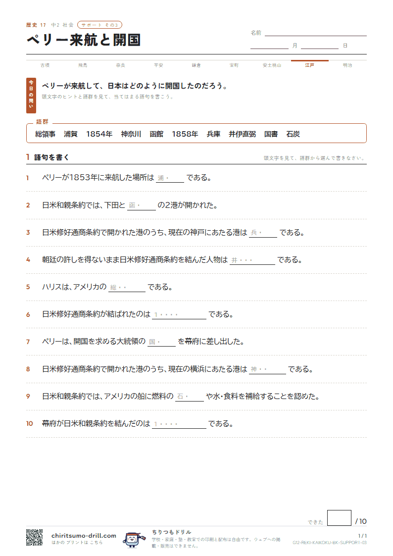 ペリー来航と開国 サポート その3の見本