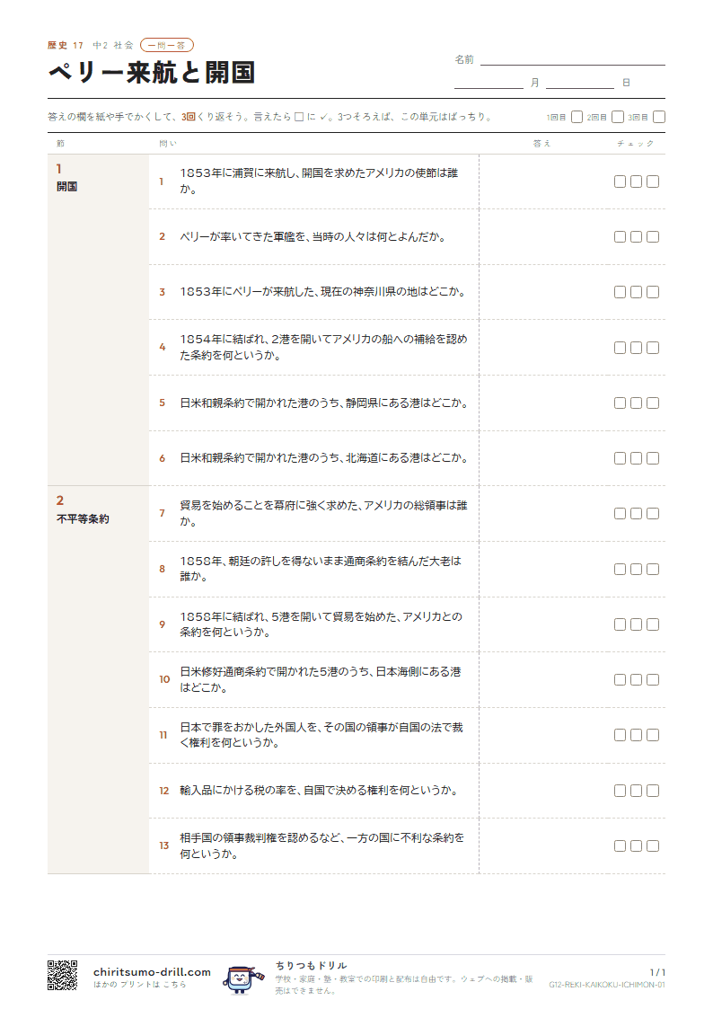 ペリー来航と開国 一問一答の見本