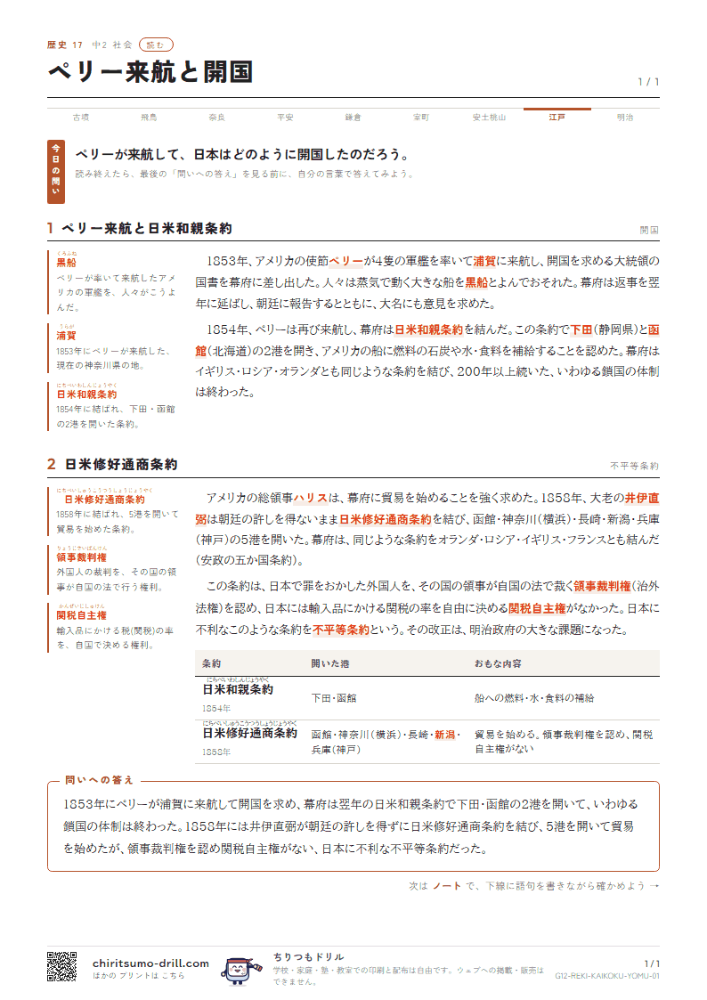 ペリー来航と開国 読むの見本