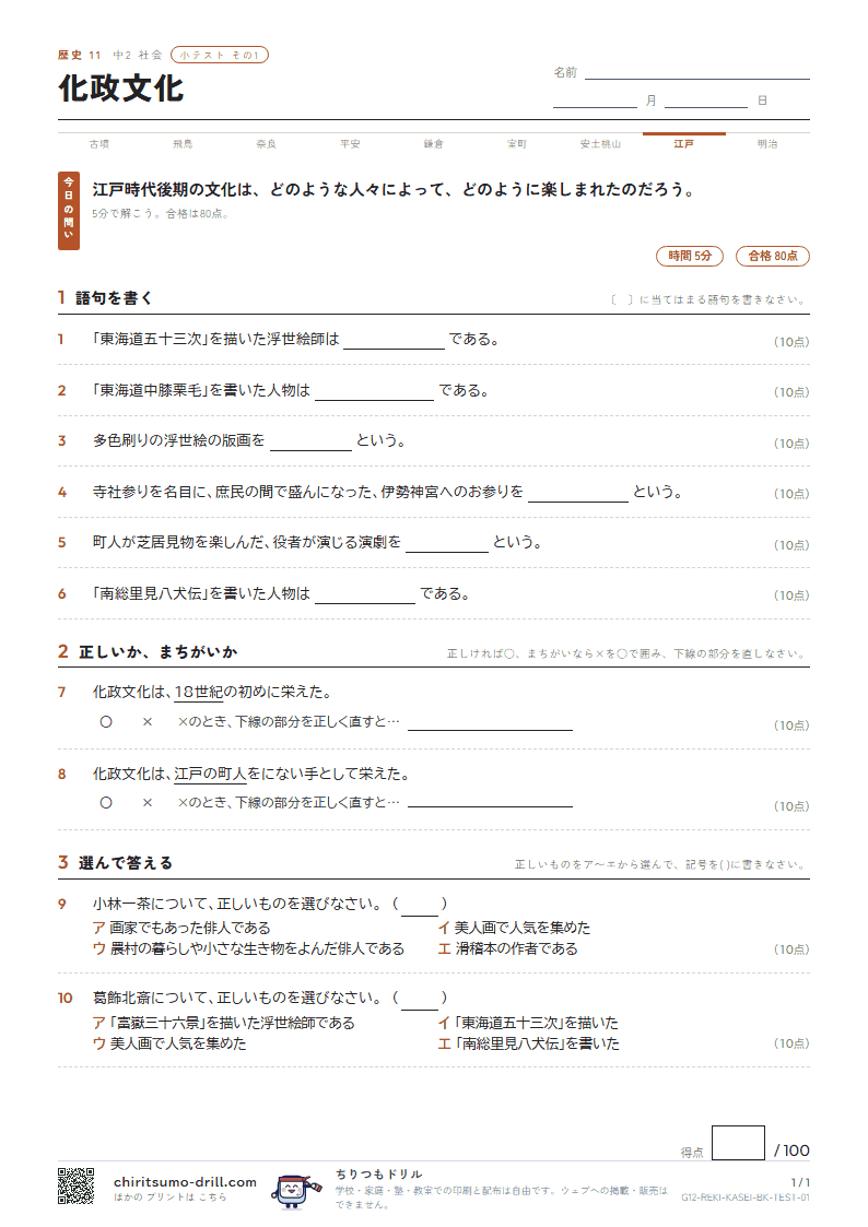 化政文化 小テスト その1の見本