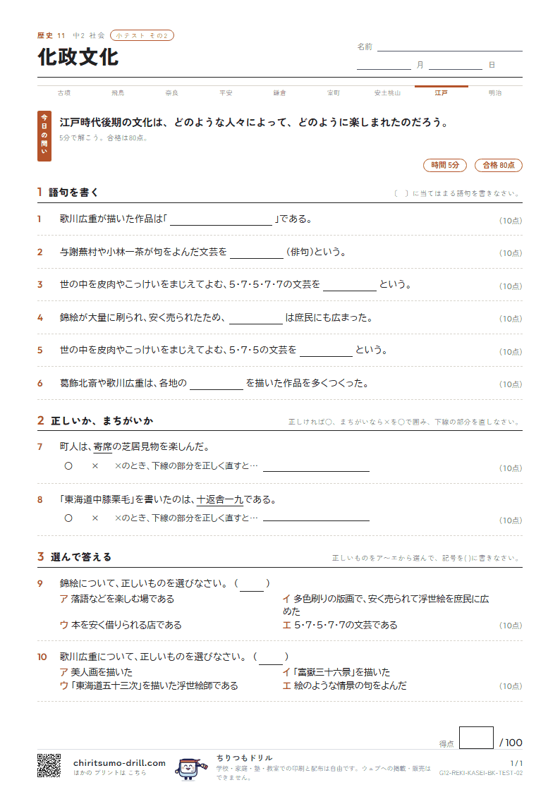 化政文化 小テスト その2の見本