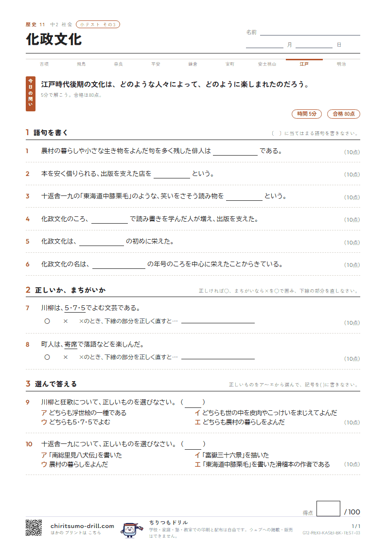 化政文化 小テスト その3の見本