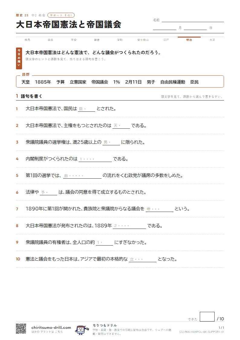大日本帝国憲法と帝国議会 サポート その1の見本