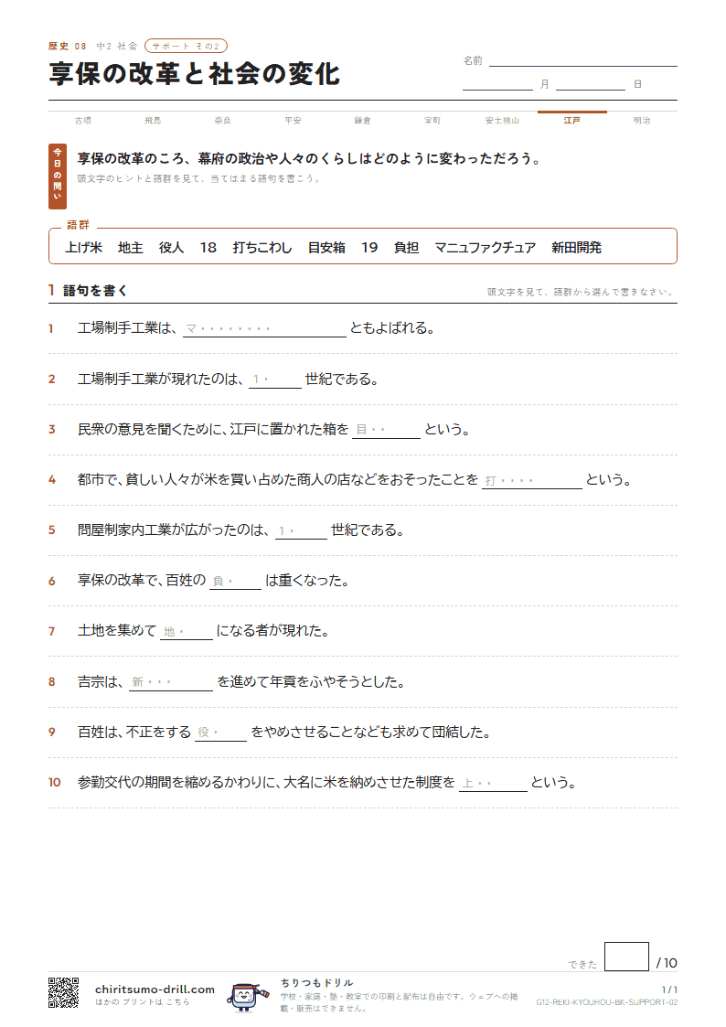 享保の改革と社会の変化 サポート その2の見本