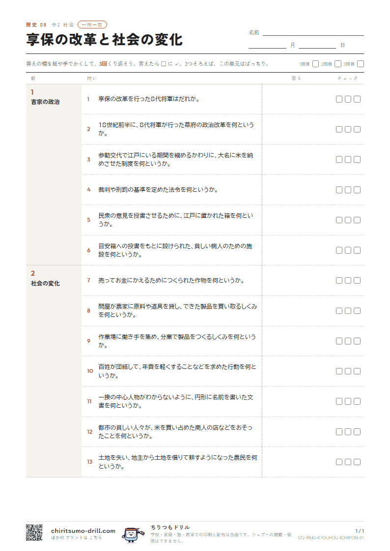 享保の改革と社会の変化 一問一答の見本