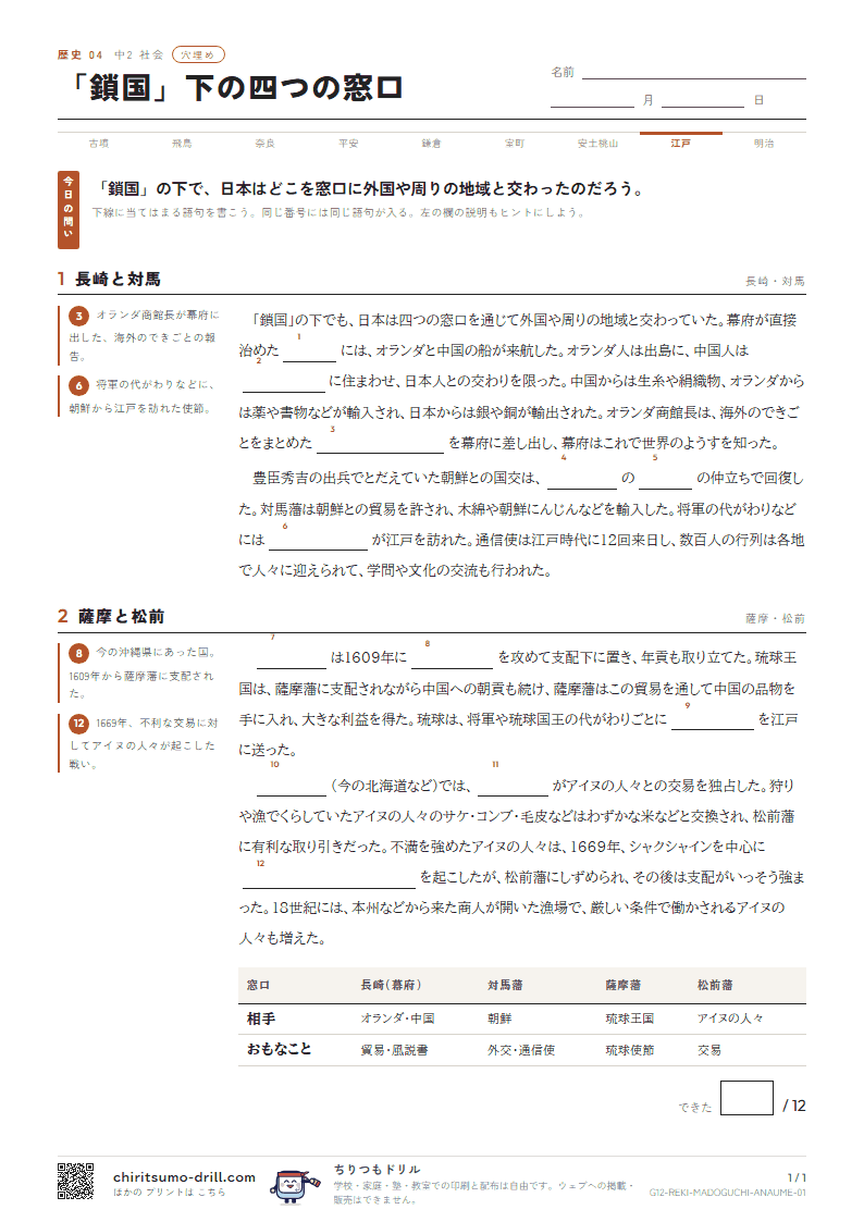 「鎖国」下の四つの窓口 穴埋めの見本