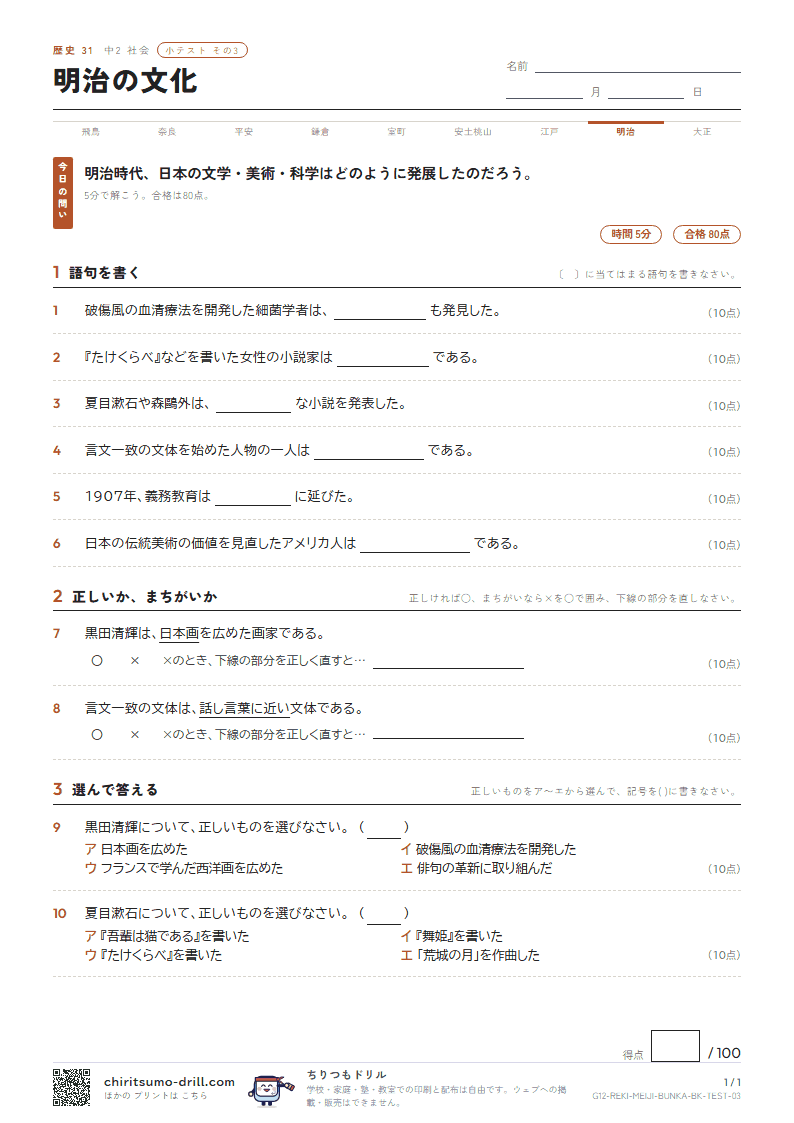 明治の文化 小テスト その3の見本