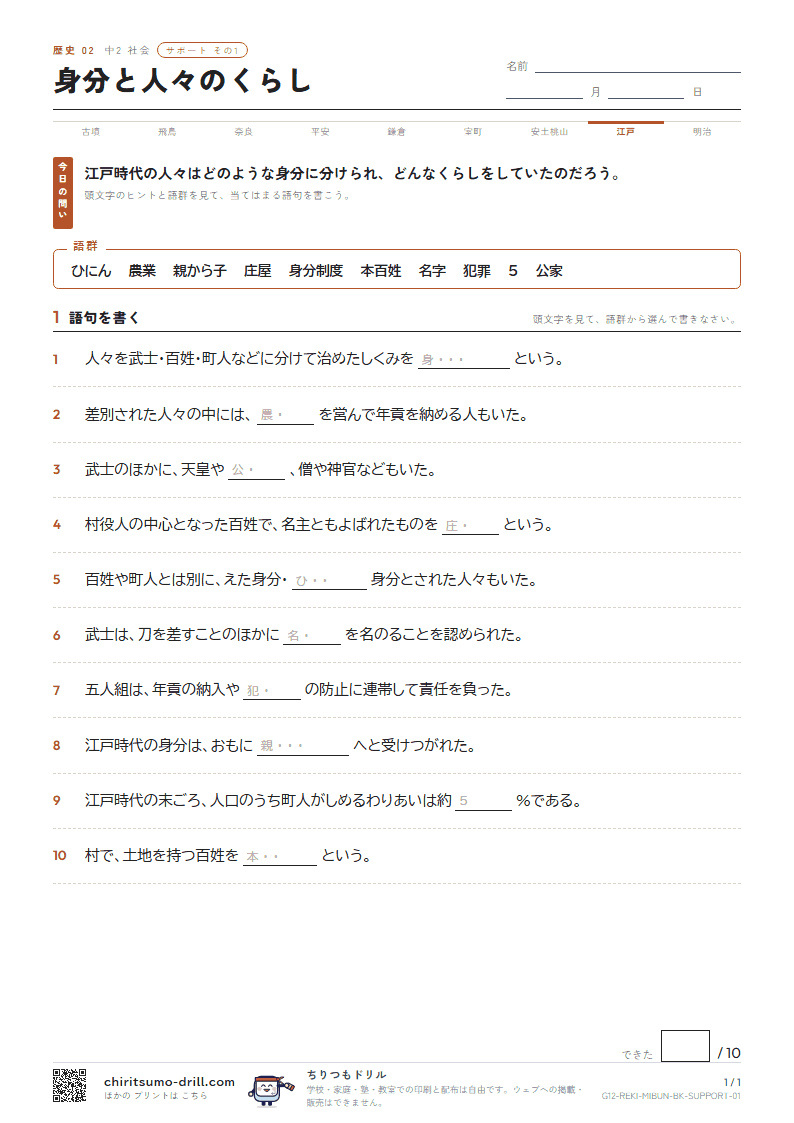 身分と人々のくらし サポート その1の見本