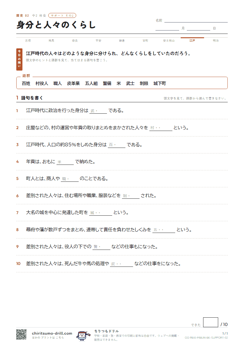 身分と人々のくらし サポート その2の見本