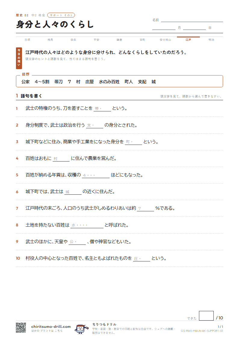 身分と人々のくらし サポート その3の見本