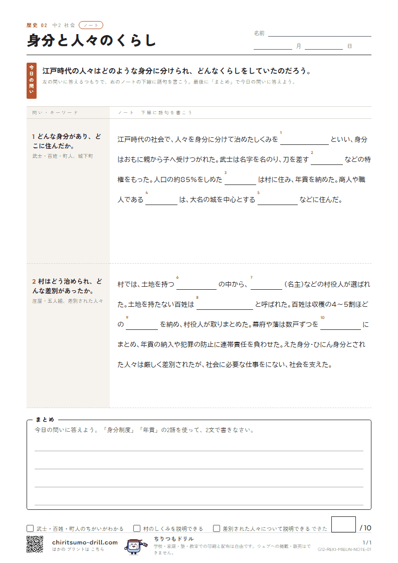身分と人々のくらし ノートの見本