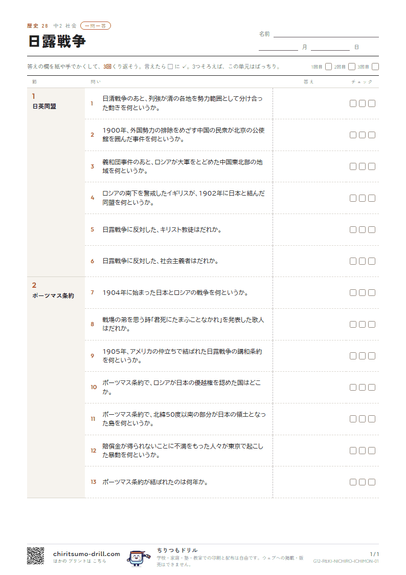 日露戦争 一問一答の見本