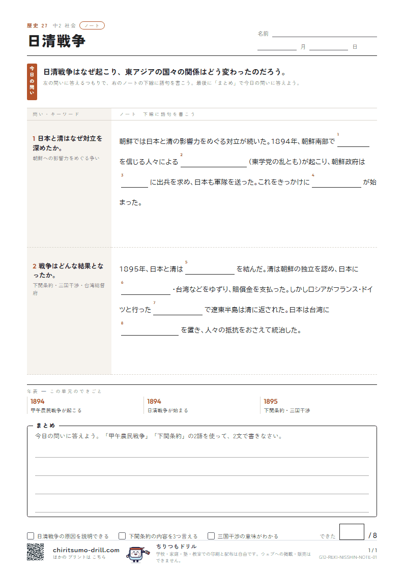 日清戦争 ノートの見本