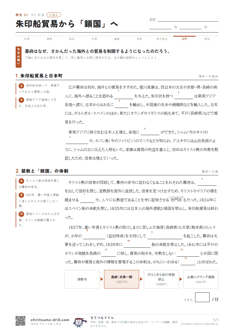 朱印船貿易から「鎖国」へ 穴埋めの見本