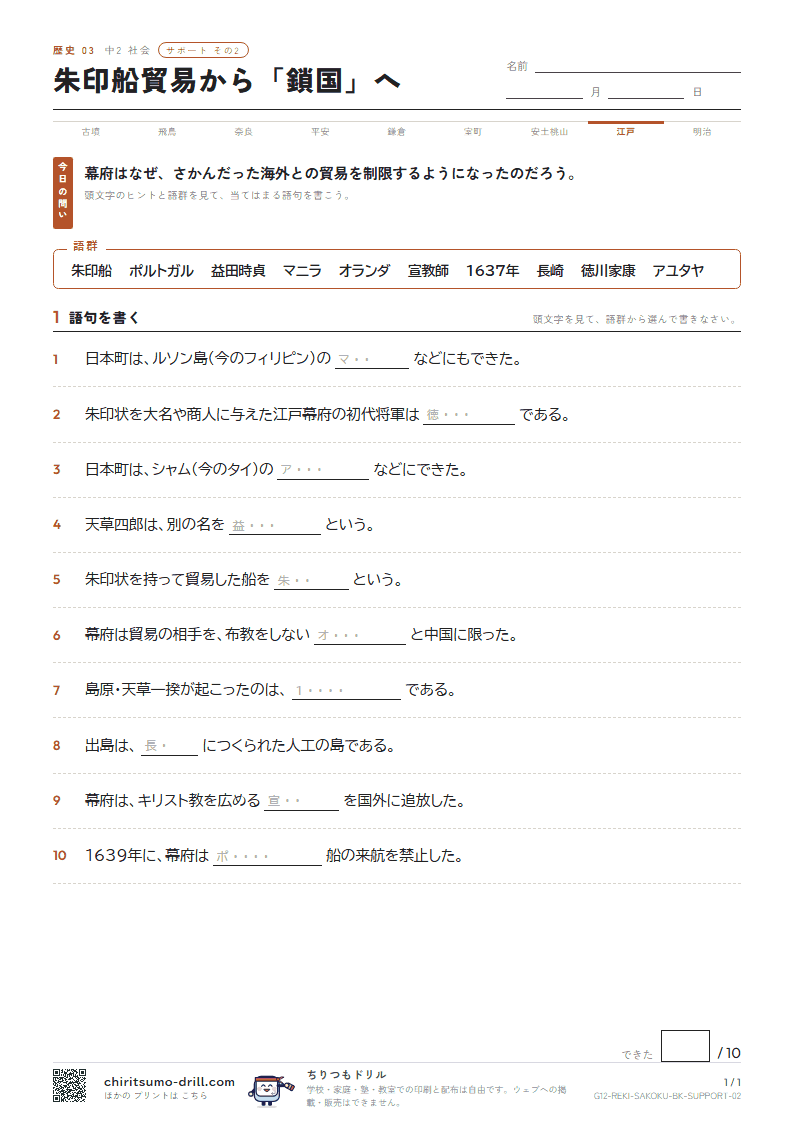 朱印船貿易から「鎖国」へ サポート その2の見本