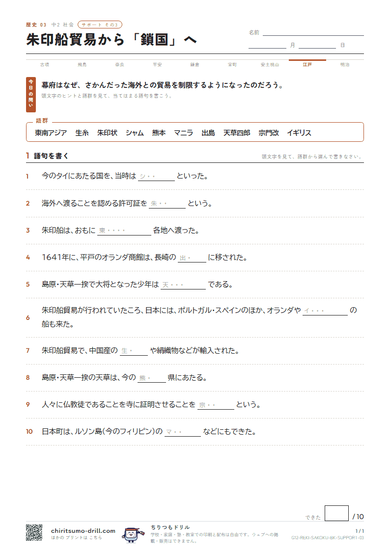 朱印船貿易から「鎖国」へ サポート その3の見本