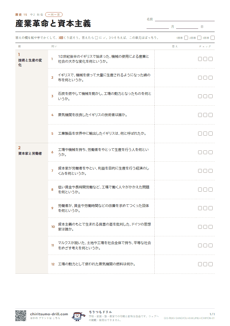 産業革命と資本主義 一問一答の見本