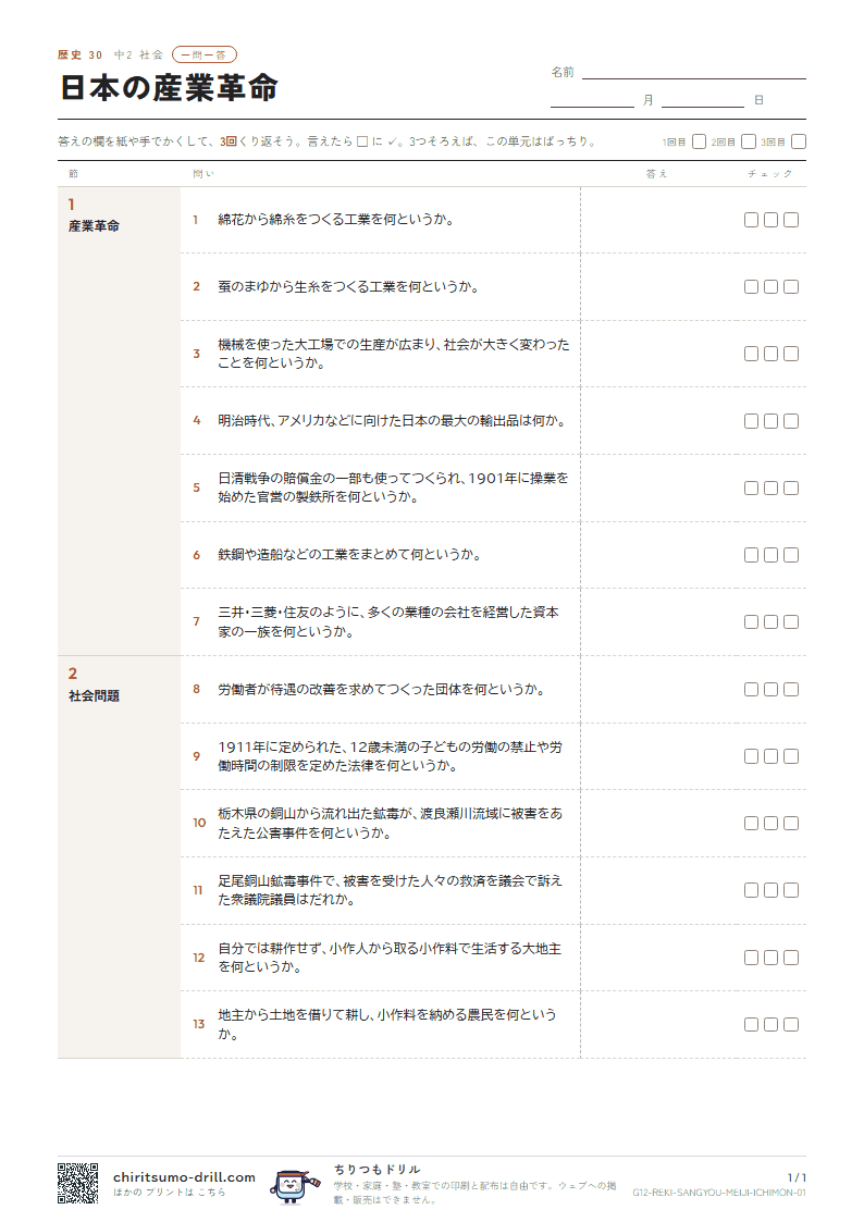 日本の産業革命 一問一答の見本