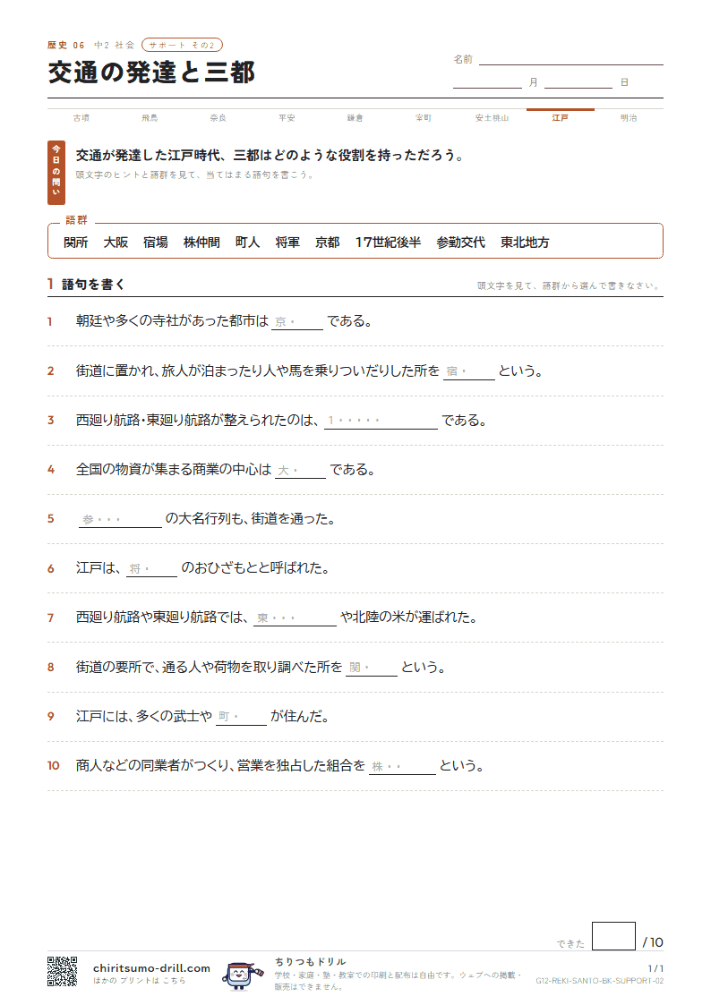 交通の発達と三都 サポート その2の見本
