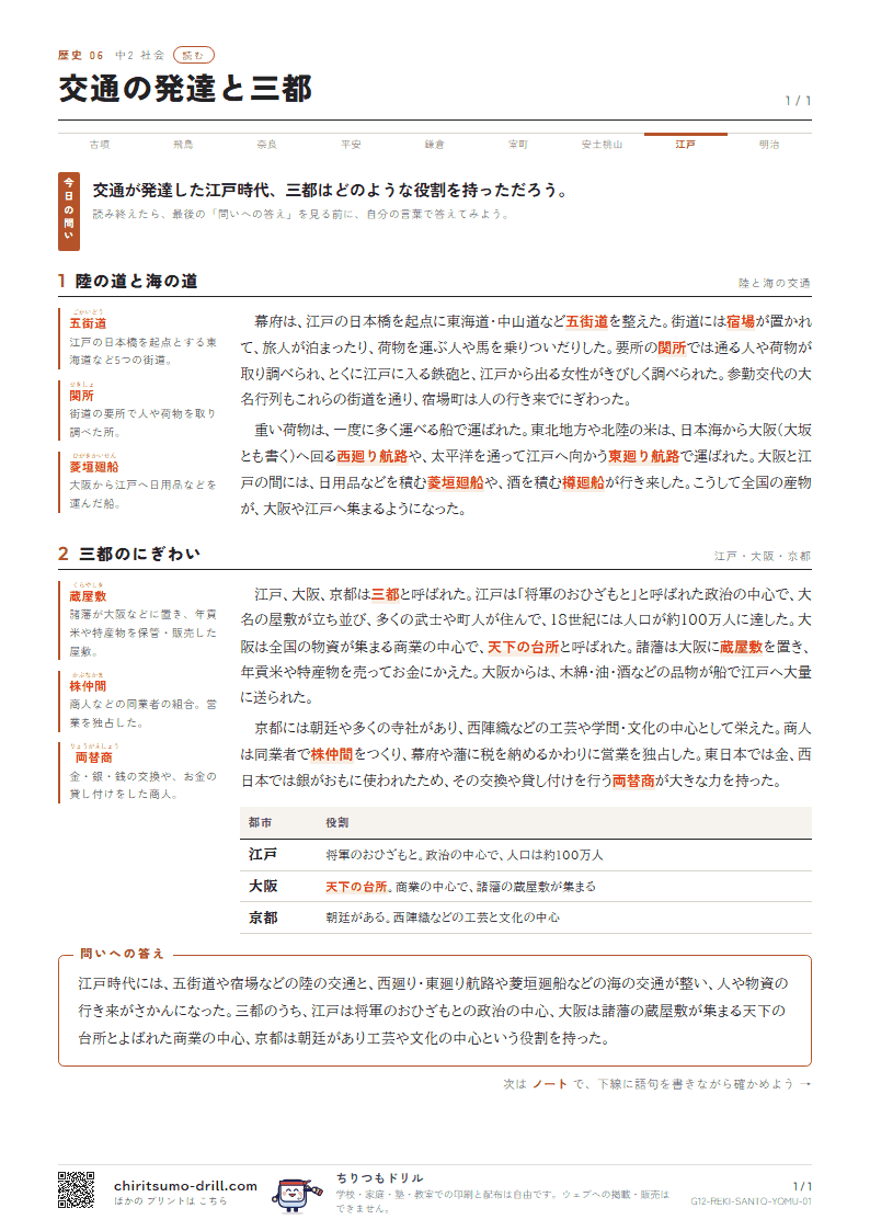 交通の発達と三都 読むの見本