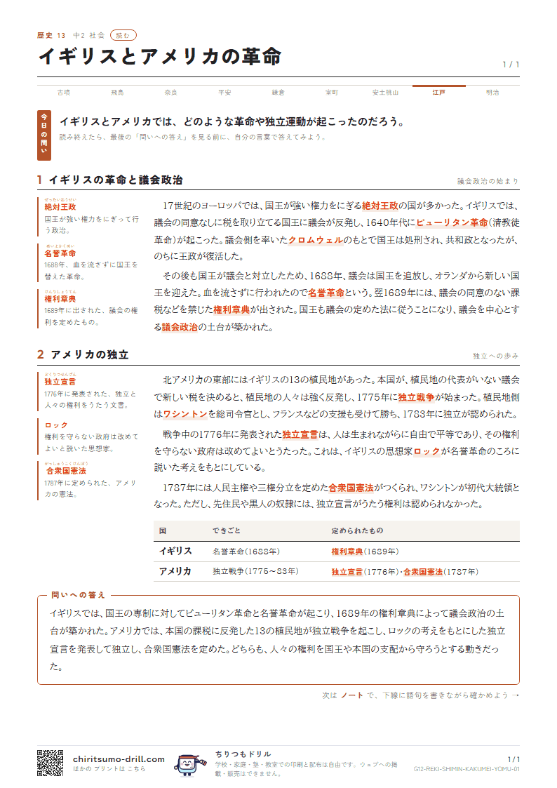 イギリスとアメリカの革命 読むの見本