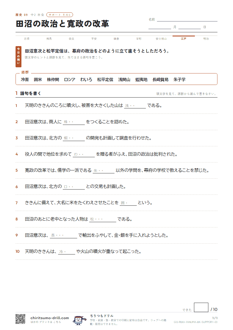 田沼の政治と寛政の改革 サポート その3の見本