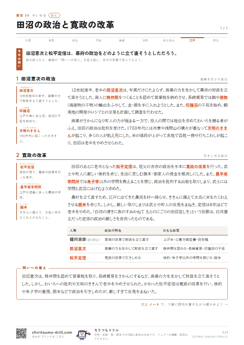 田沼の政治と寛政の改革 読むの見本