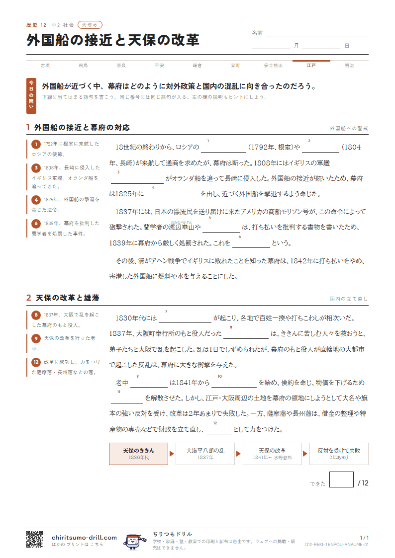外国船の接近と天保の改革 穴埋めの見本