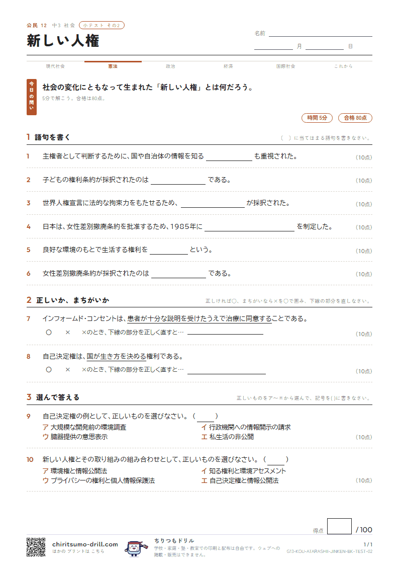 新しい人権 小テスト その2の見本