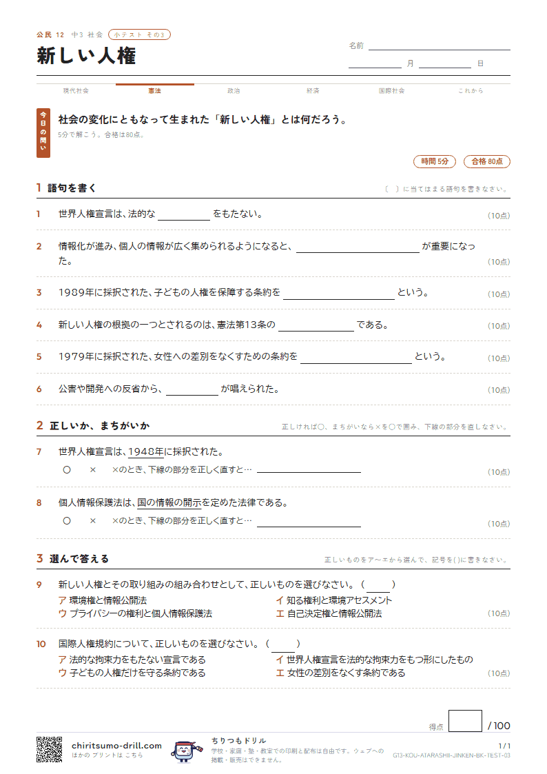 新しい人権 小テスト その3の見本