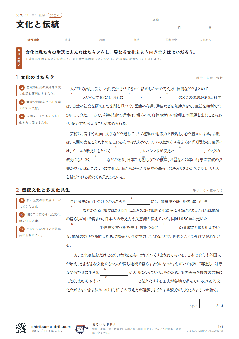 文化と伝統 穴埋めの見本