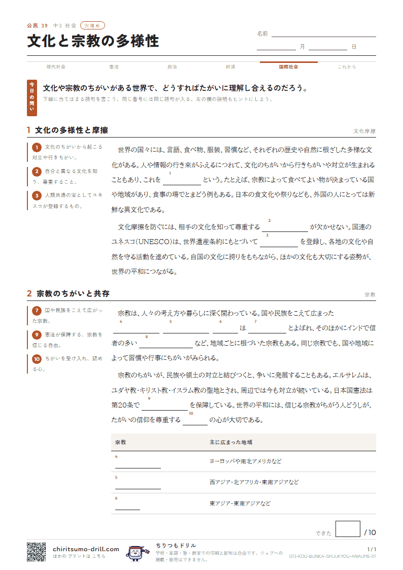文化と宗教の多様性 穴埋めの見本