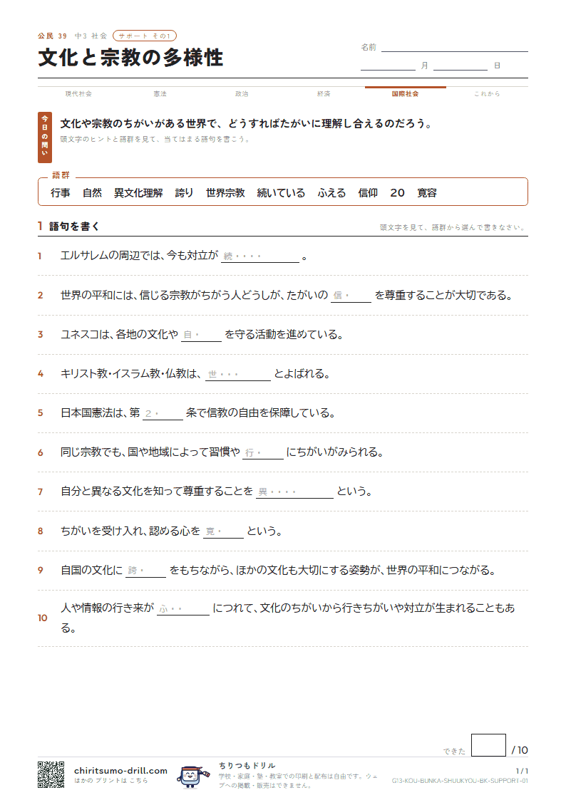 文化と宗教の多様性 サポート その1の見本