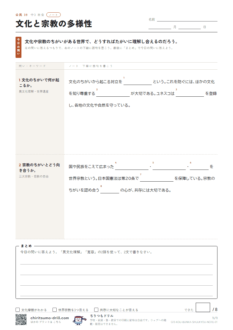 文化と宗教の多様性 ノートの見本