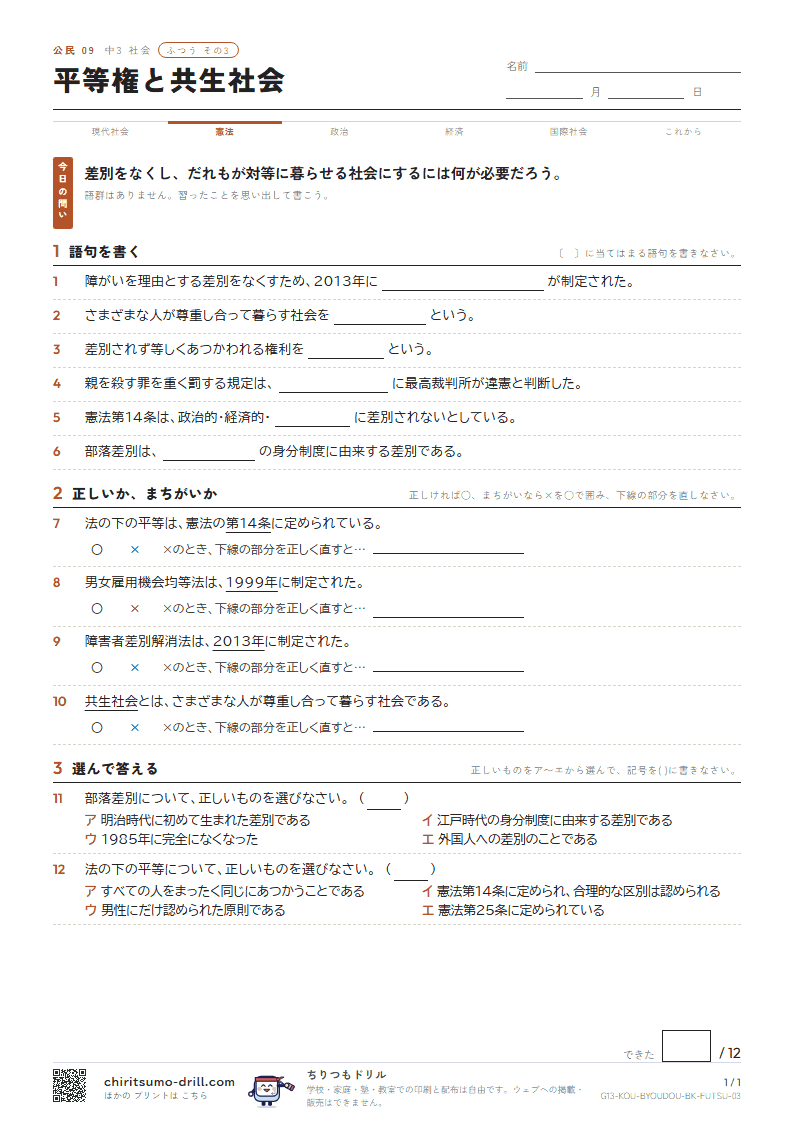 平等権と共生社会 ふつう その3の見本