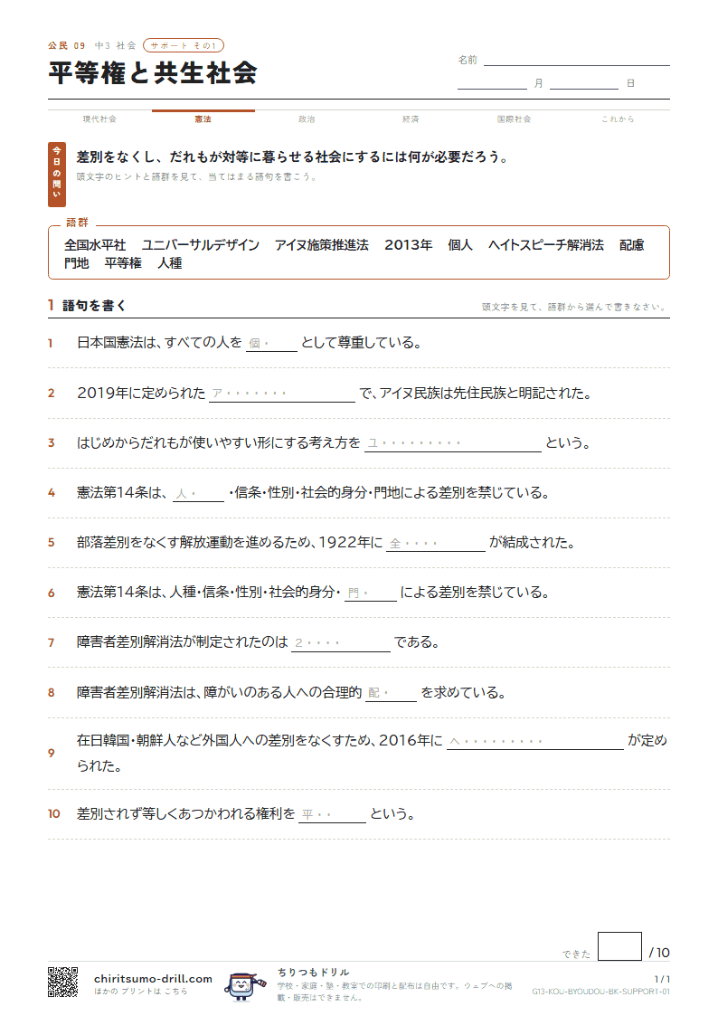 平等権と共生社会 サポート その1の見本