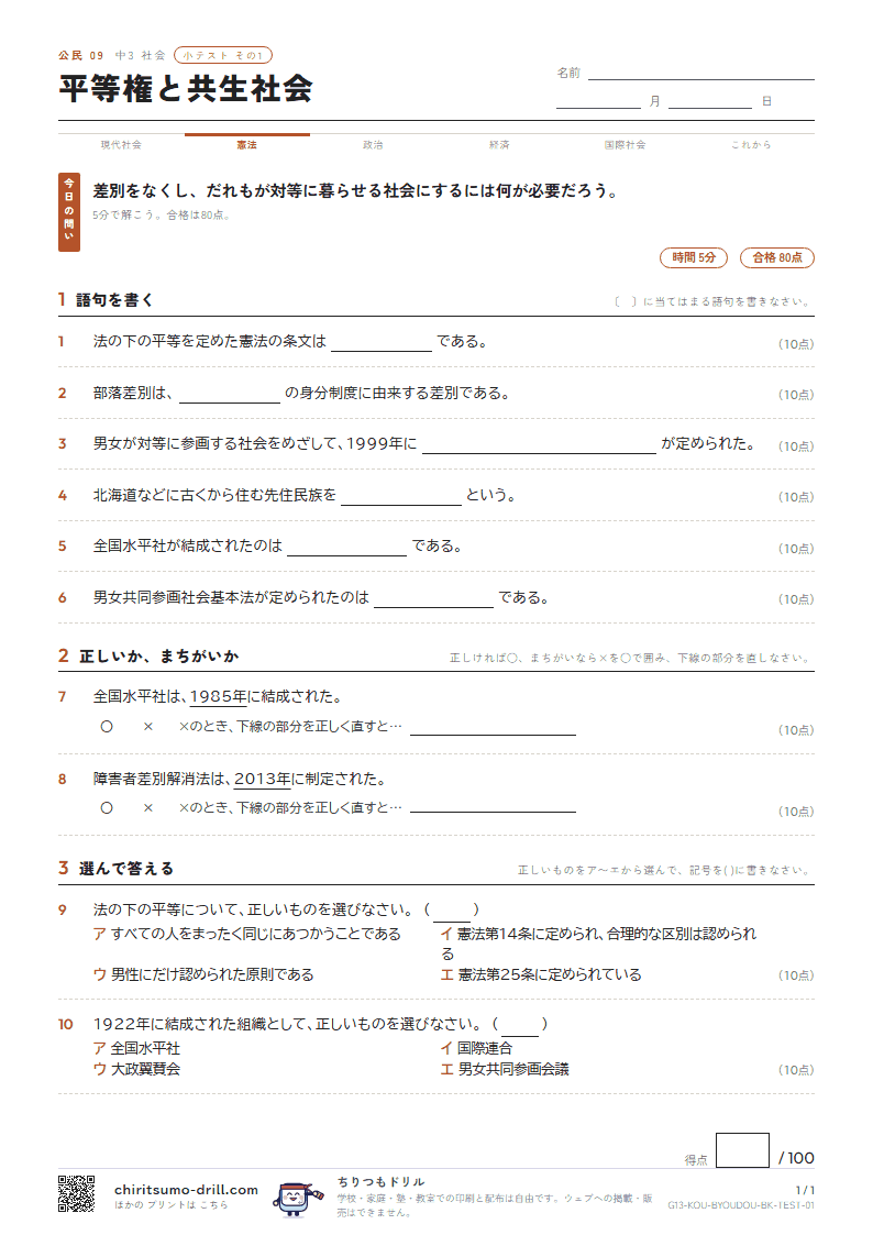 平等権と共生社会 小テスト その1の見本