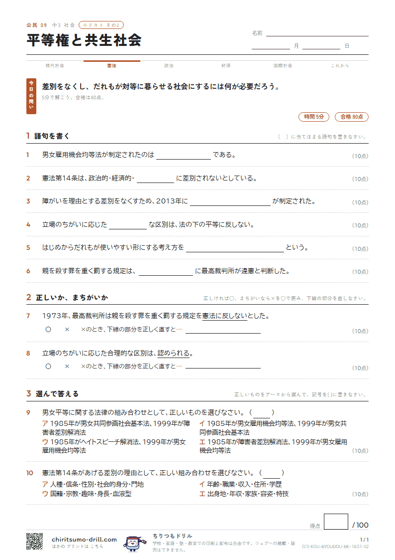 平等権と共生社会 小テスト その2の見本