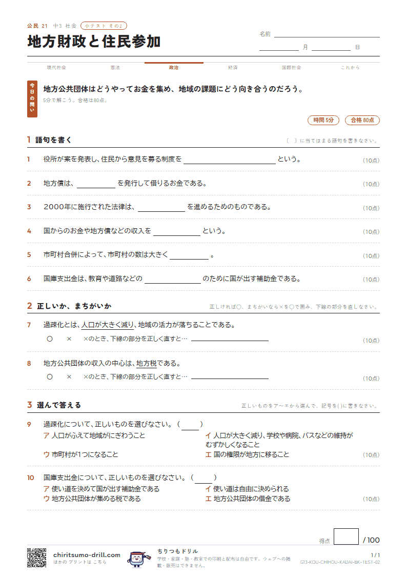 地方財政と住民参加 小テスト その2の見本