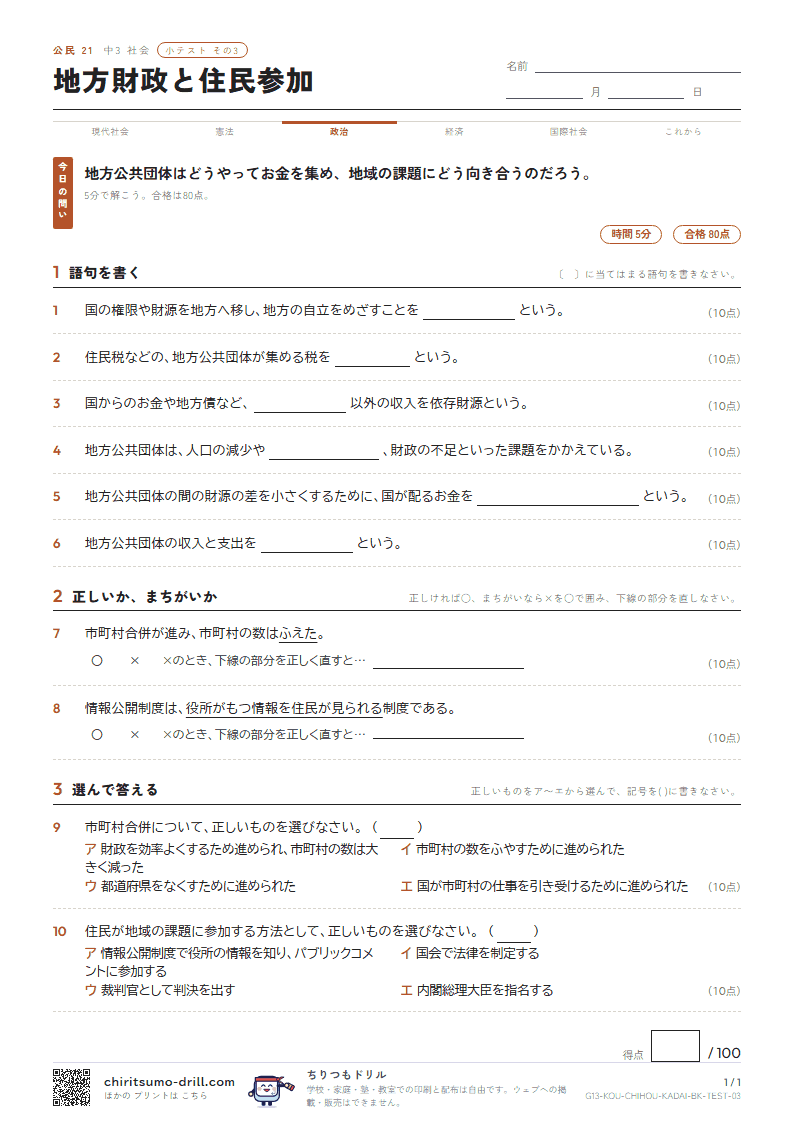地方財政と住民参加 小テスト その3の見本