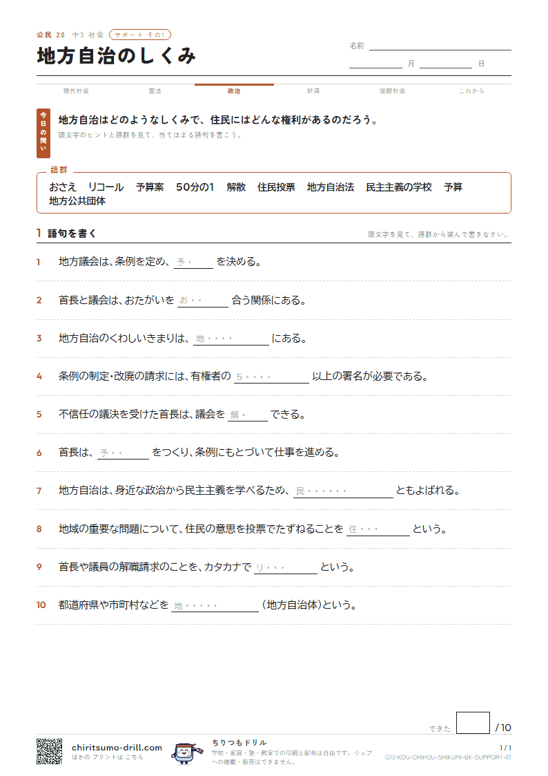地方自治のしくみ サポート その1の見本