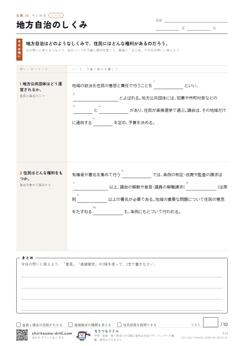 地方自治のしくみ ノートの見本