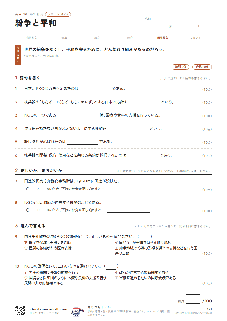 紛争と平和 小テスト その1の見本