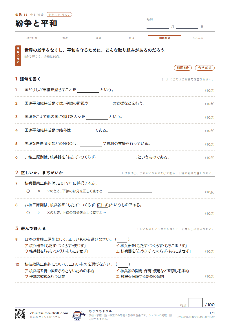 紛争と平和 小テスト その2の見本