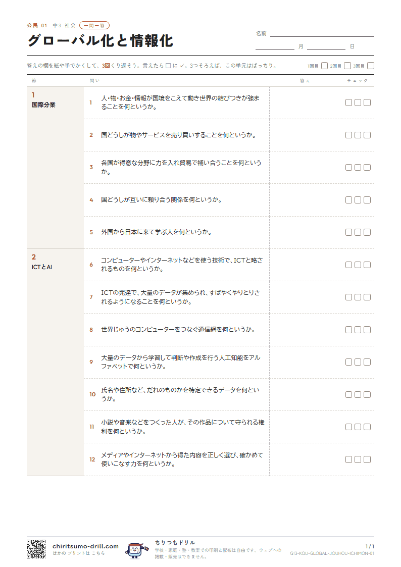 グローバル化と情報化 一問一答の見本