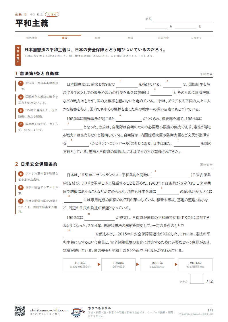 平和主義 穴埋めの見本
