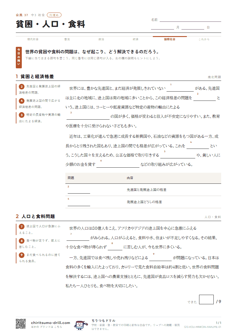 貧困・人口・食料 穴埋めの見本