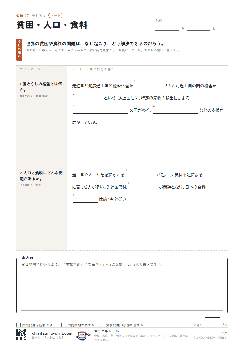 貧困・人口・食料 ノートの見本