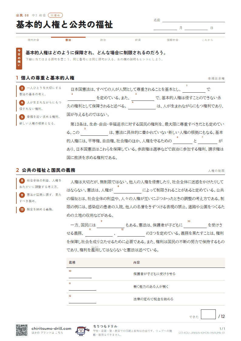 基本的人権と公共の福祉 穴埋めの見本
