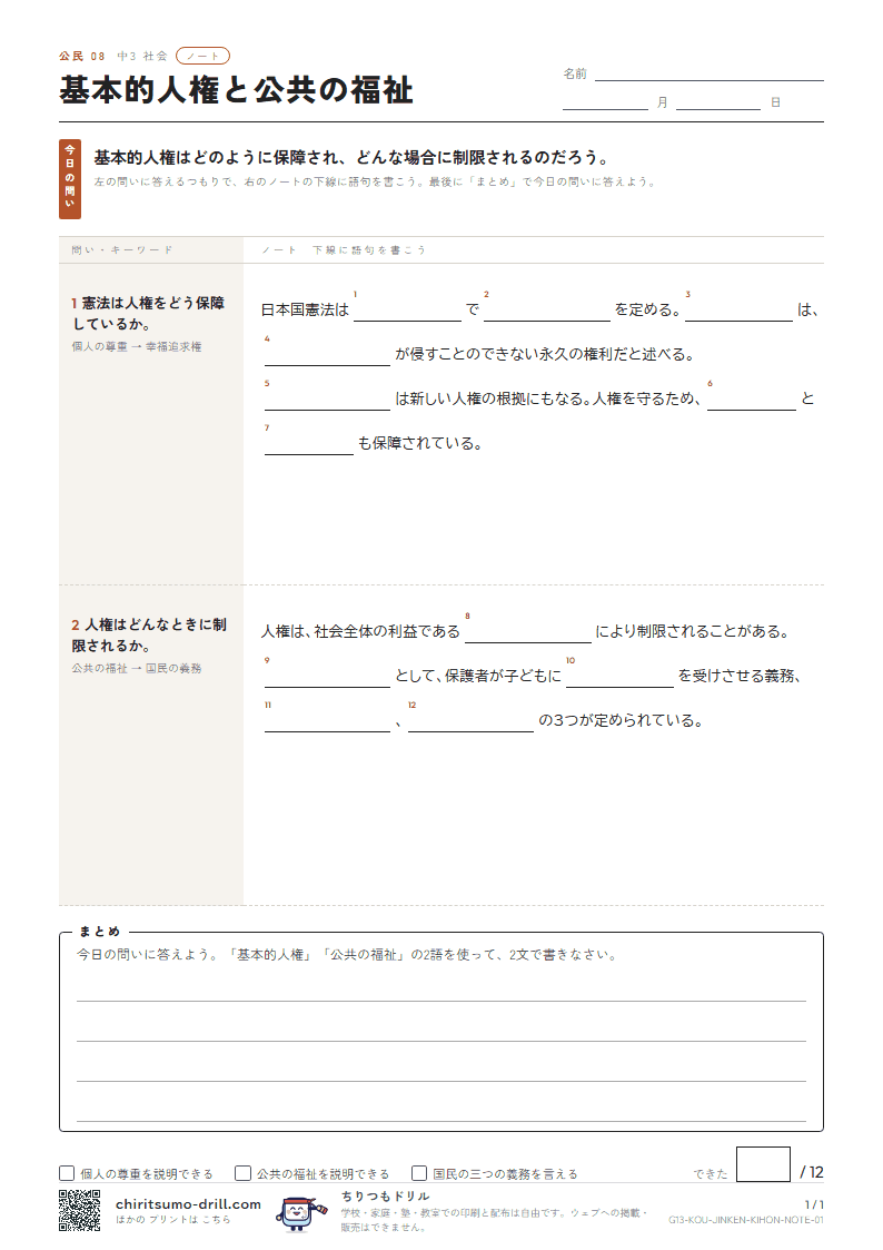 基本的人権と公共の福祉 ノートの見本